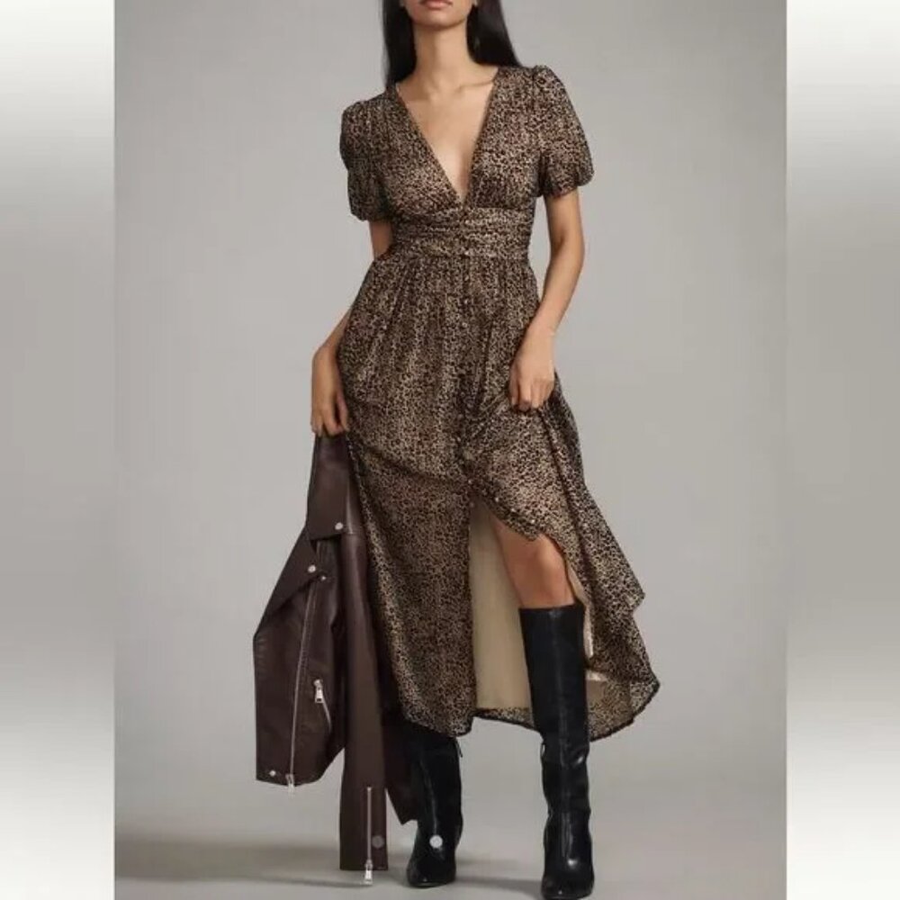Anthropologie Katerina Button Front Dress Velvet Edition Leopard NWT Size8
